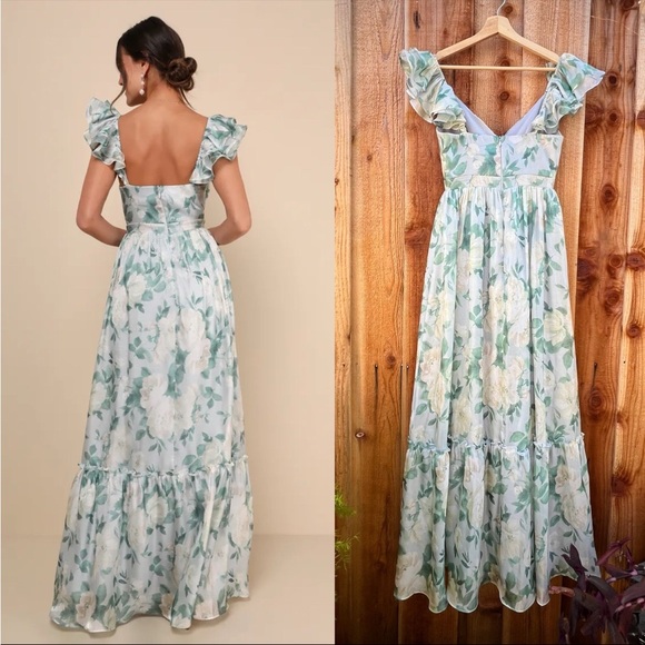 Light Blue and Sage Green Floral Ruffled Sleeve Chiffon Maxi Dress 🌿 - Picture 3 of 10